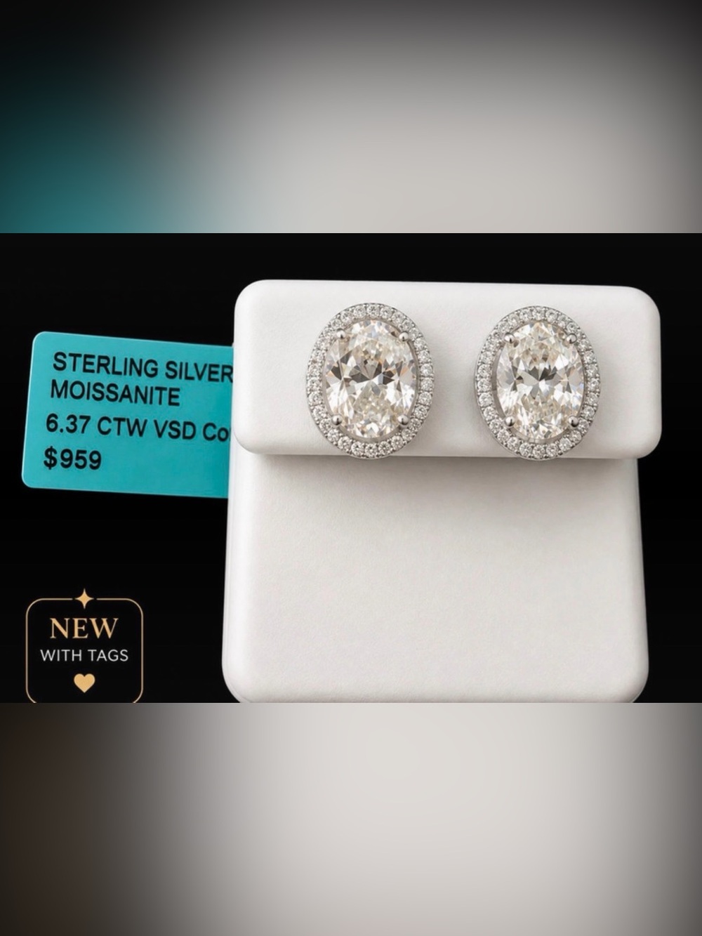 Sterling Silver Oval Moissanite Halo Stud Earrings - White